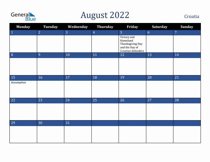 August 2022 Croatia Calendar (Monday Start)