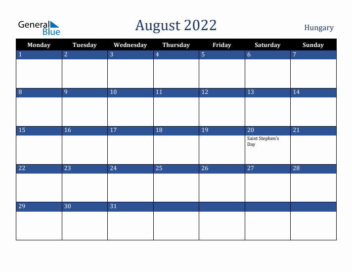 August 2022 Hungary Calendar (Monday Start)