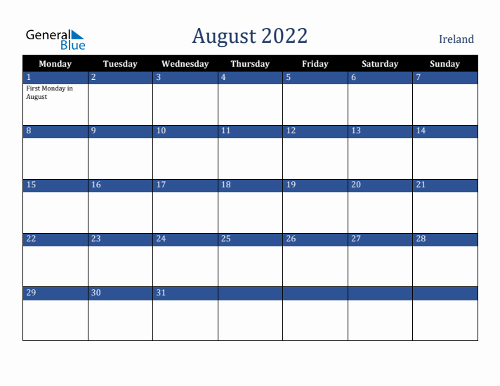 August 2022 Ireland Calendar (Monday Start)