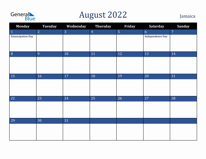 August 2022 Jamaica Calendar (Monday Start)