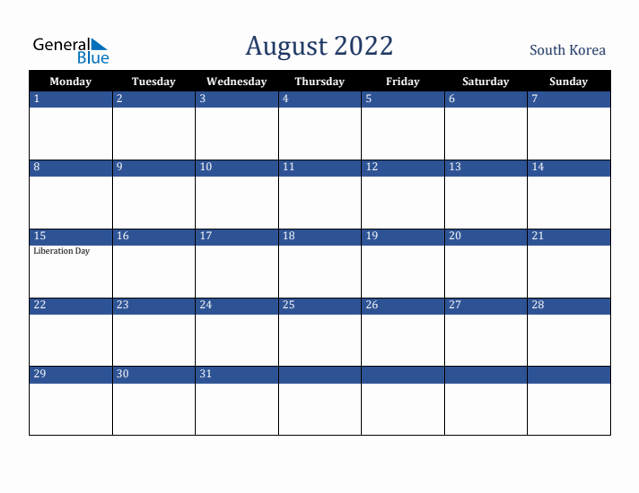 August 2022 South Korea Calendar (Monday Start)