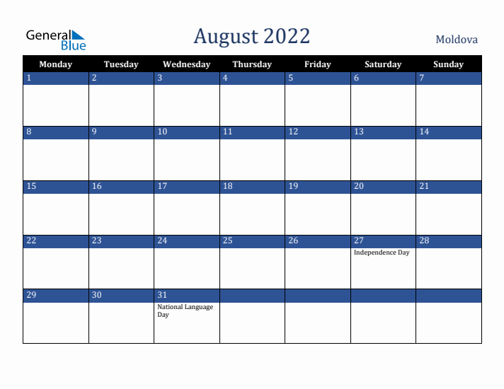 August 2022 Moldova Calendar (Monday Start)