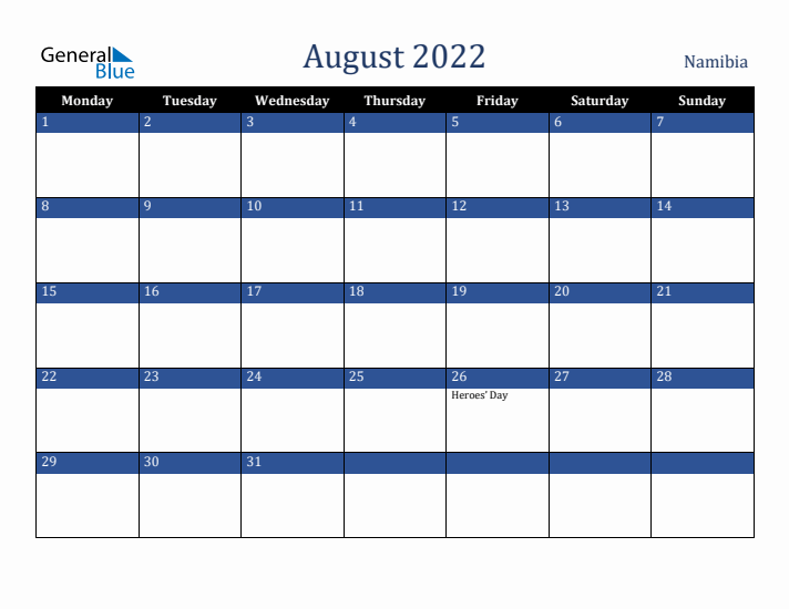 August 2022 Namibia Calendar (Monday Start)