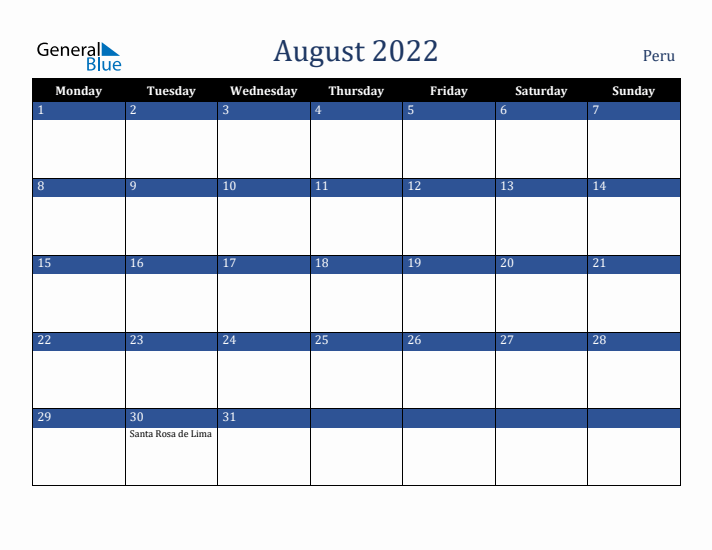 August 2022 Peru Calendar (Monday Start)