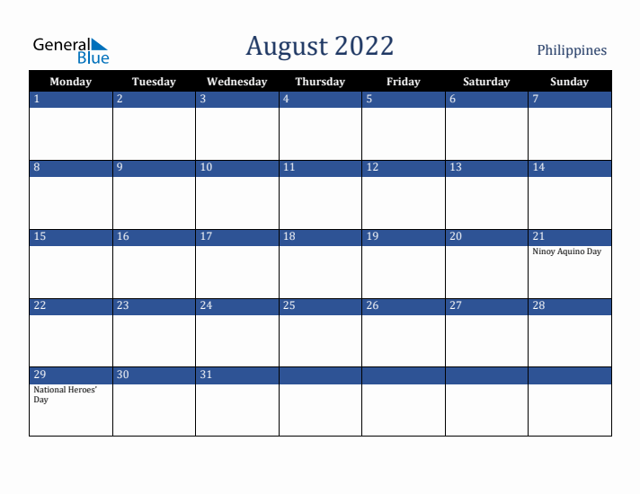 August 2022 Philippines Calendar (Monday Start)
