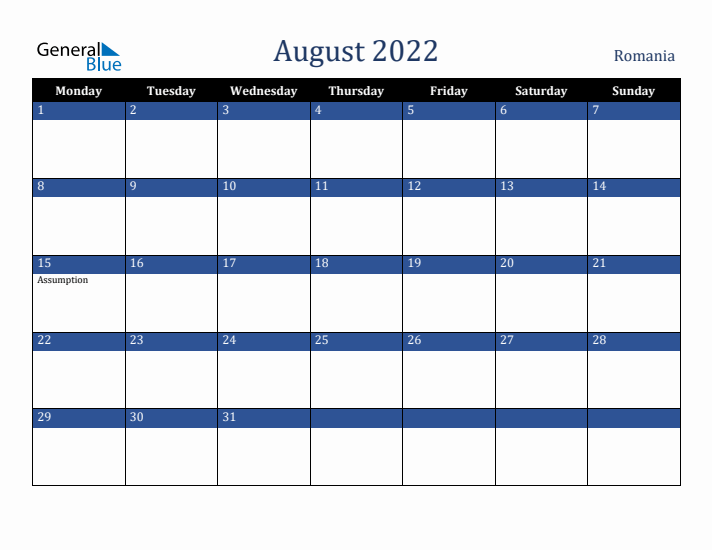 August 2022 Romania Calendar (Monday Start)