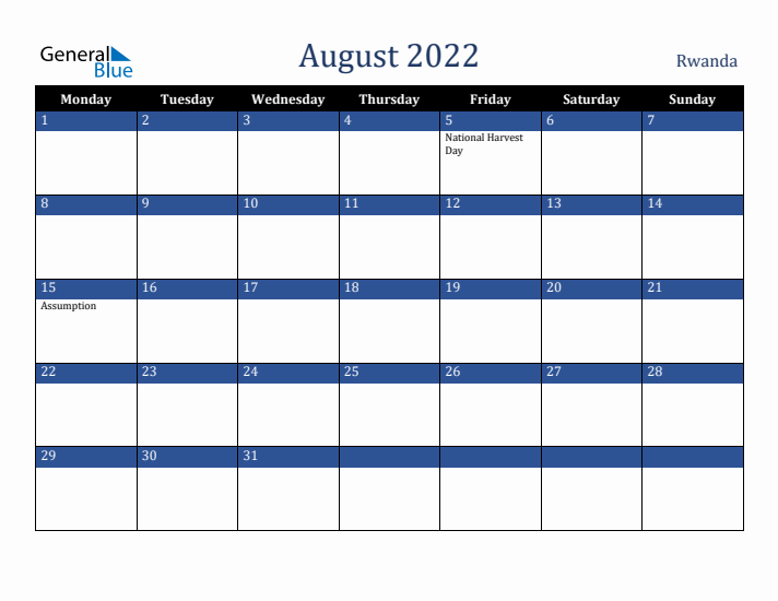 August 2022 Rwanda Calendar (Monday Start)