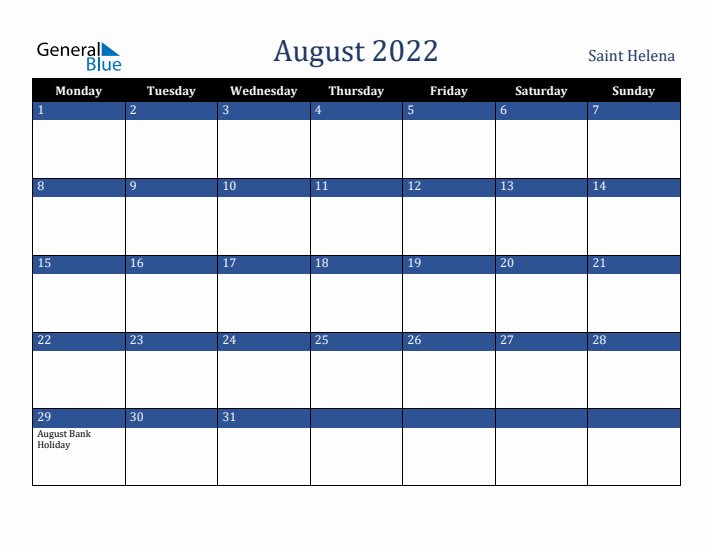 August 2022 Saint Helena Calendar (Monday Start)