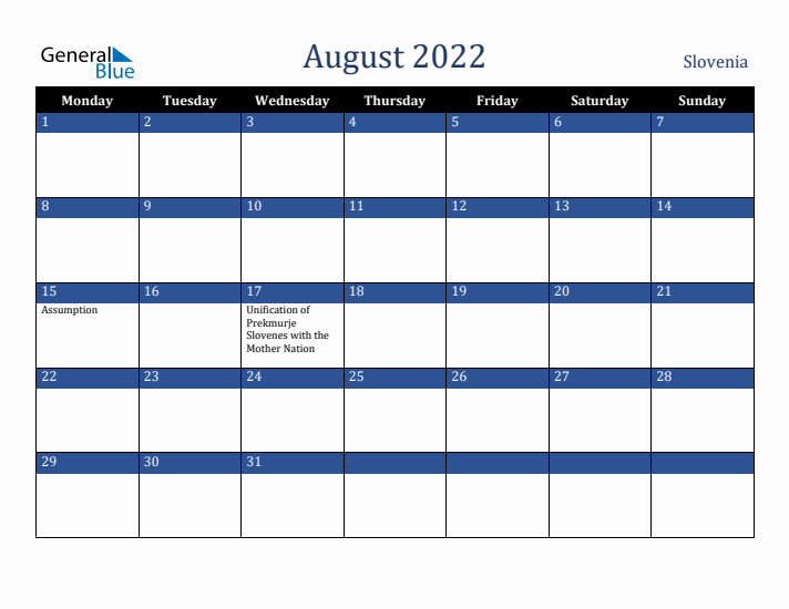 August 2022 Slovenia Calendar (Monday Start)