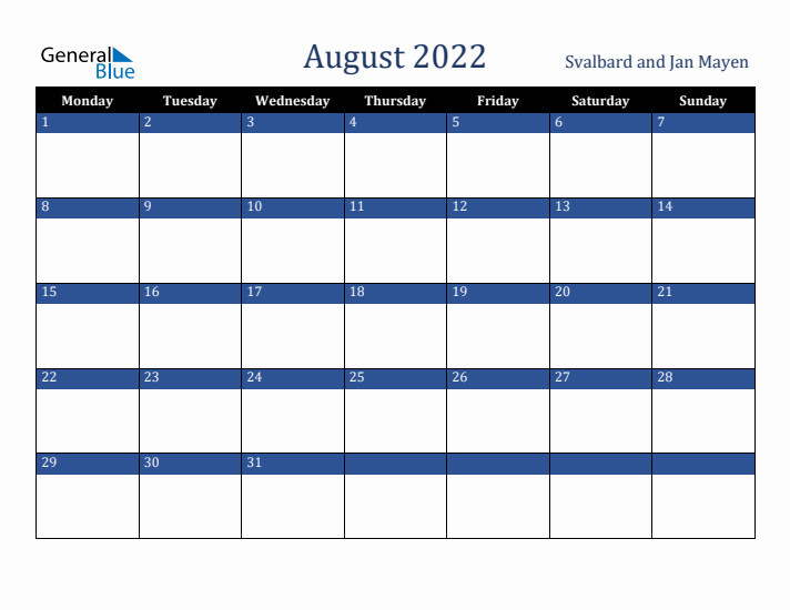 August 2022 Svalbard and Jan Mayen Calendar (Monday Start)
