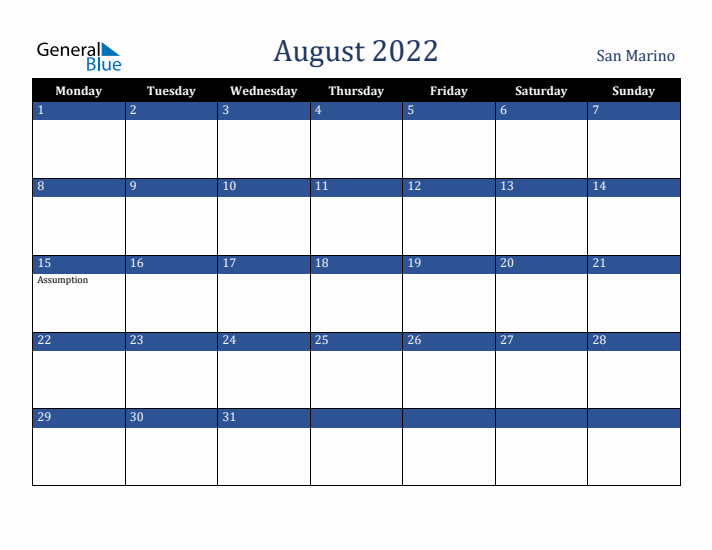 August 2022 San Marino Calendar (Monday Start)
