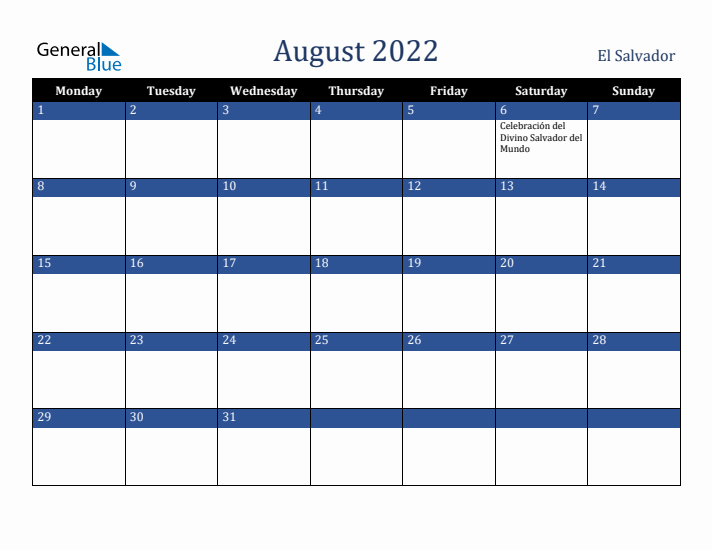 August 2022 El Salvador Calendar (Monday Start)