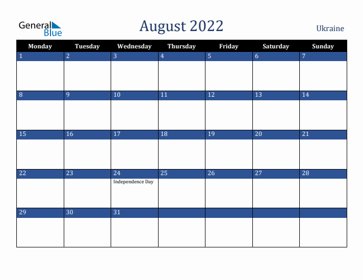 August 2022 Ukraine Calendar (Monday Start)
