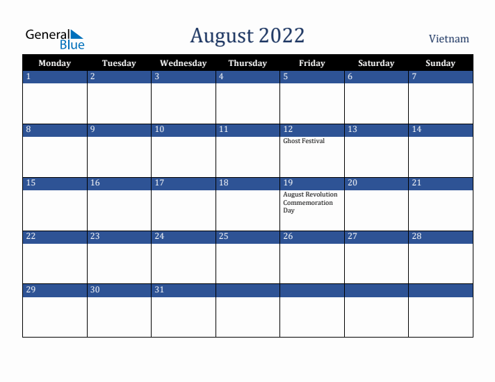 August 2022 Vietnam Calendar (Monday Start)