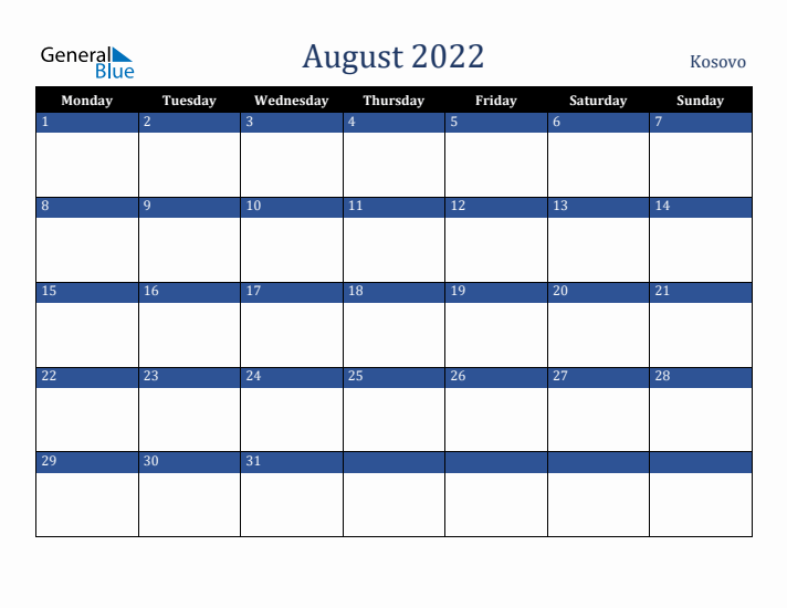 August 2022 Kosovo Calendar (Monday Start)