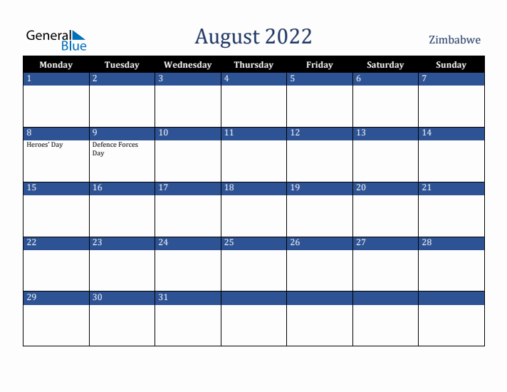 August 2022 Zimbabwe Calendar (Monday Start)