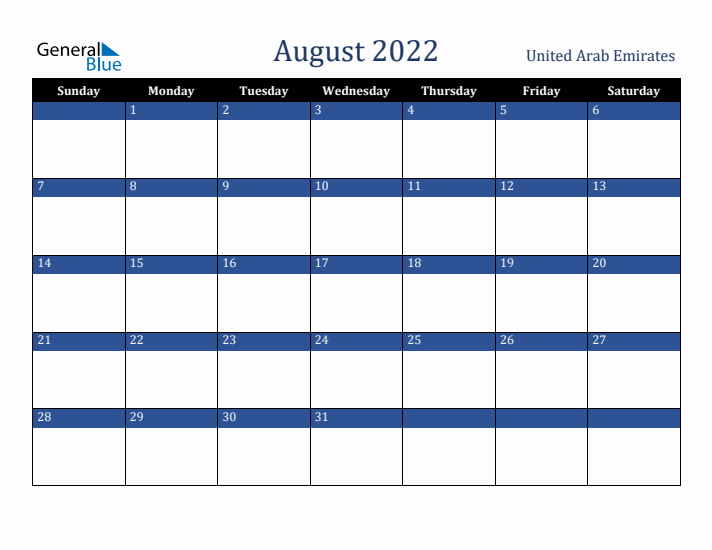 August 2022 United Arab Emirates Calendar (Sunday Start)
