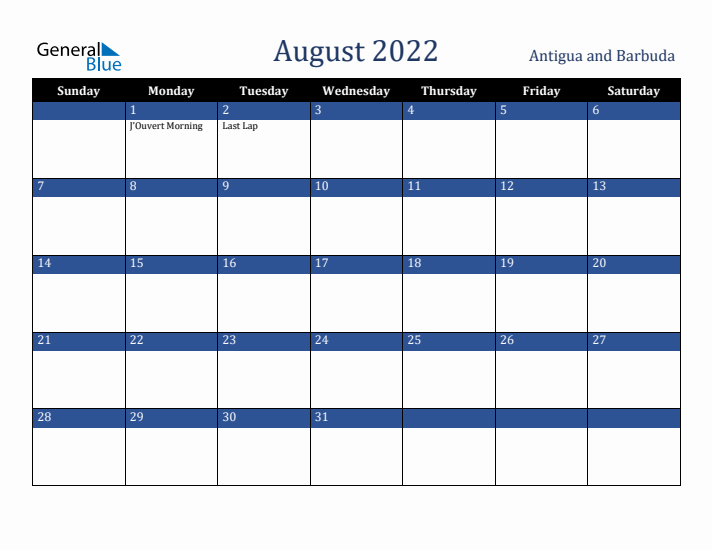 August 2022 Antigua and Barbuda Calendar (Sunday Start)