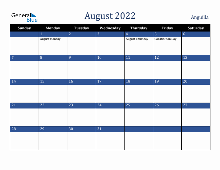 August 2022 Anguilla Calendar (Sunday Start)
