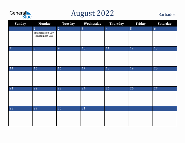 August 2022 Barbados Calendar (Sunday Start)
