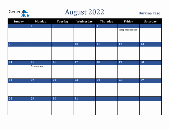 August 2022 Burkina Faso Calendar (Sunday Start)