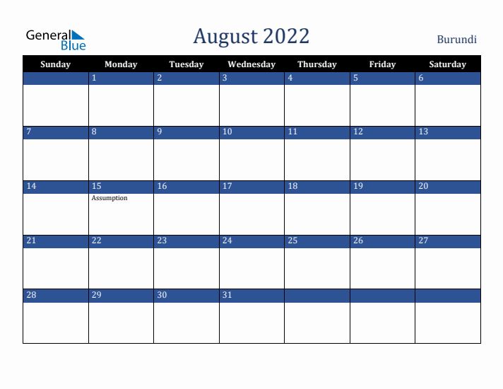 August 2022 Burundi Calendar (Sunday Start)