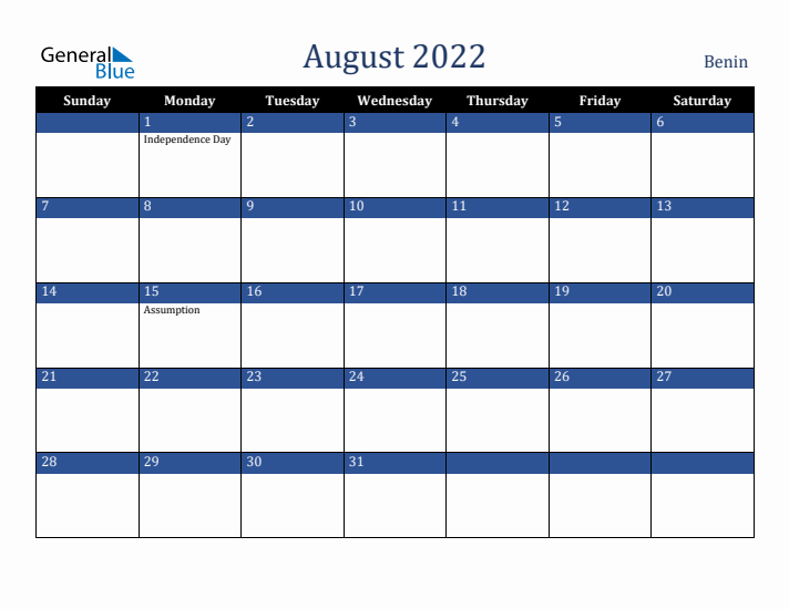 August 2022 Benin Calendar (Sunday Start)