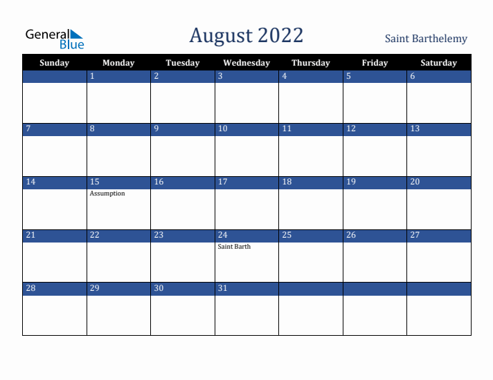 August 2022 Saint Barthelemy Calendar (Sunday Start)