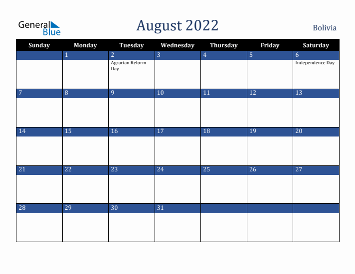 August 2022 Bolivia Calendar (Sunday Start)