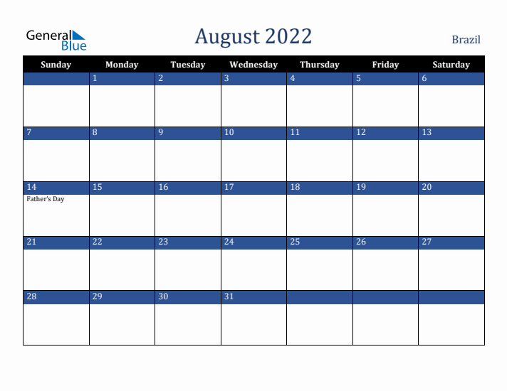 August 2022 Brazil Calendar (Sunday Start)