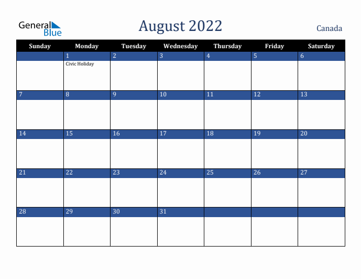 August 2022 Canada Calendar (Sunday Start)