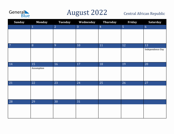 August 2022 Central African Republic Calendar (Sunday Start)