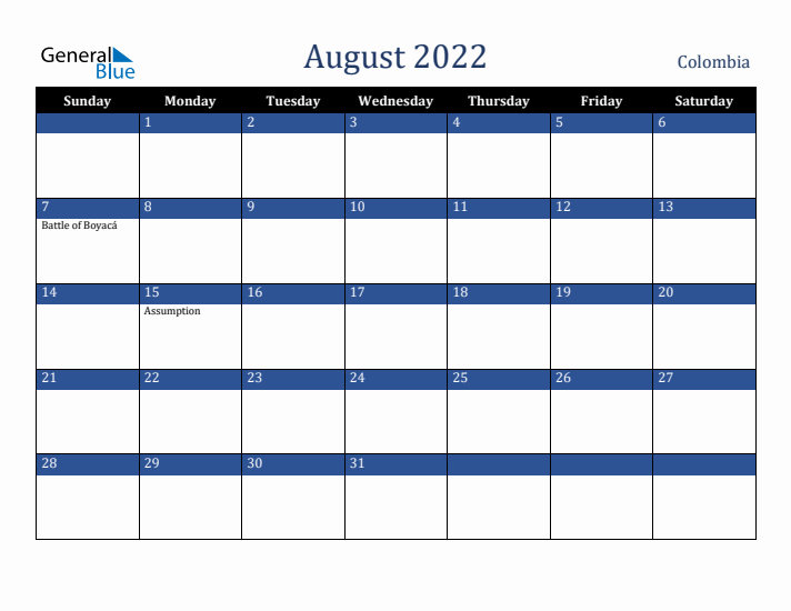 August 2022 Colombia Calendar (Sunday Start)
