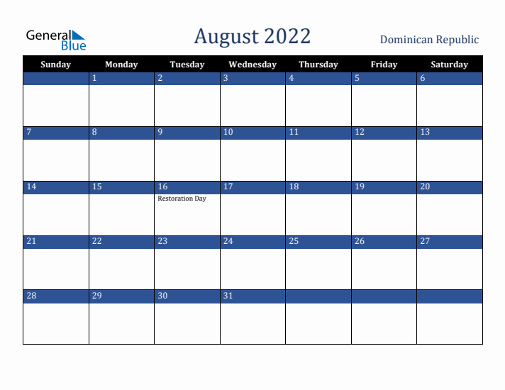 August 2022 Dominican Republic Calendar (Sunday Start)