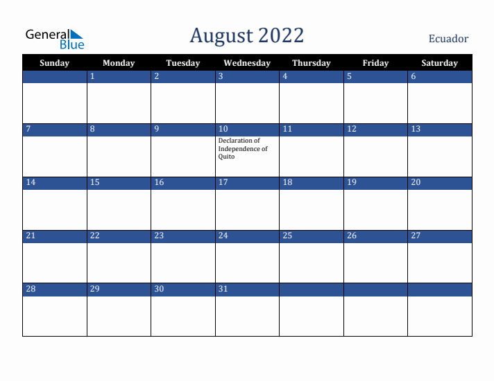 August 2022 Ecuador Calendar (Sunday Start)