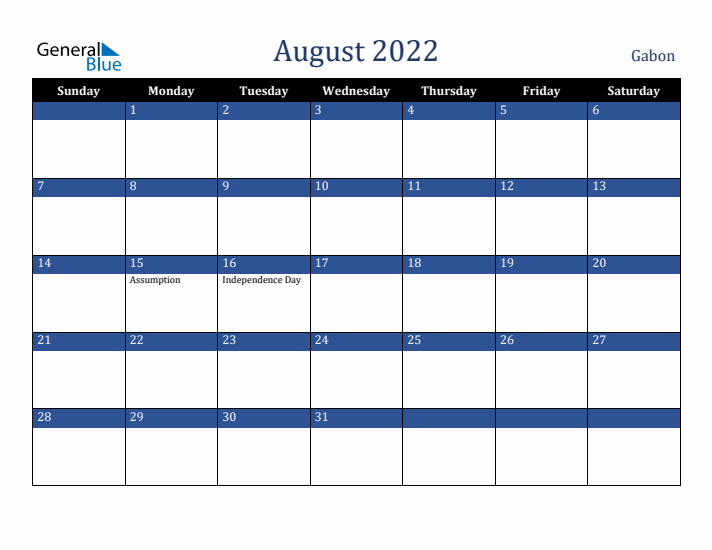 August 2022 Gabon Calendar (Sunday Start)