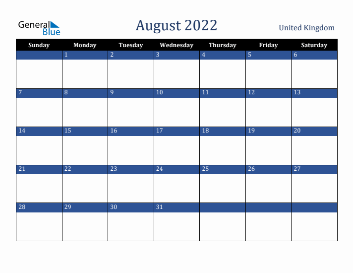 August 2022 United Kingdom Calendar (Sunday Start)