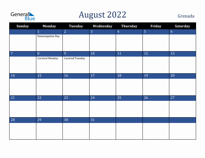 August 2022 Grenada Calendar (Sunday Start)