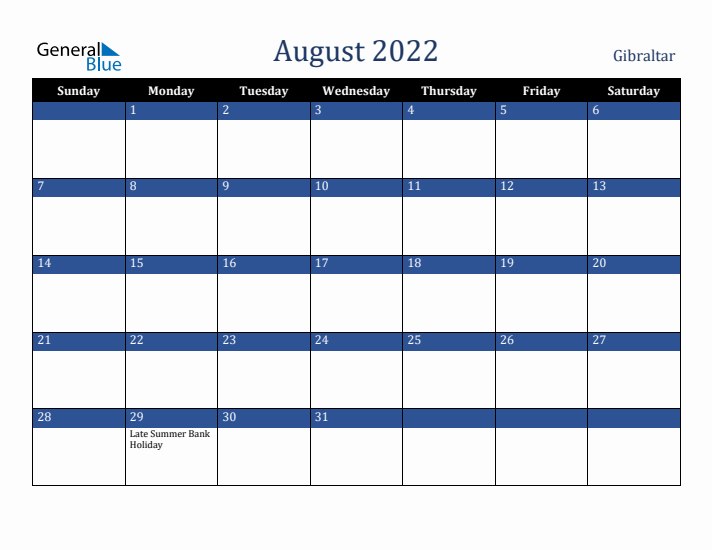 August 2022 Gibraltar Calendar (Sunday Start)