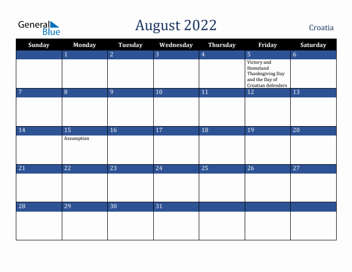 August 2022 Croatia Calendar (Sunday Start)