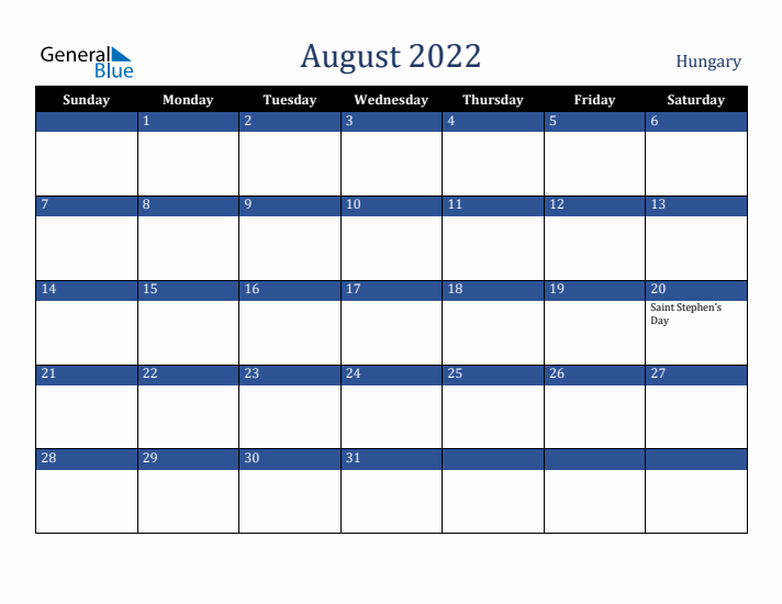 August 2022 Hungary Calendar (Sunday Start)