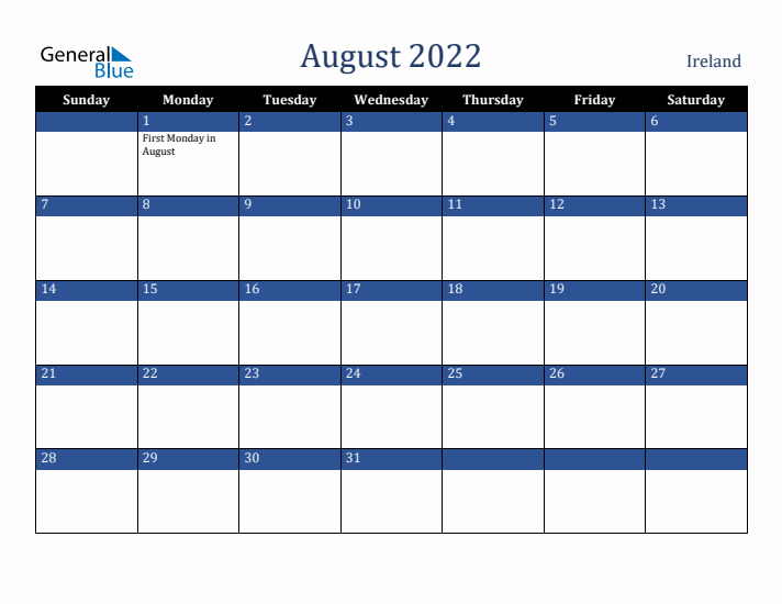 August 2022 Ireland Calendar (Sunday Start)