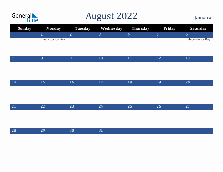 August 2022 Jamaica Calendar (Sunday Start)