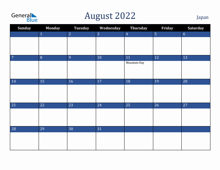 August 2022 Japan Calendar (Sunday Start)