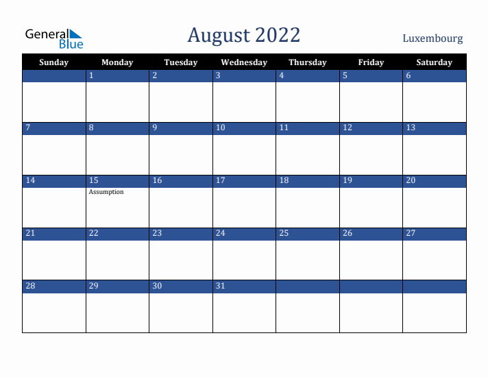 August 2022 Luxembourg Calendar (Sunday Start)