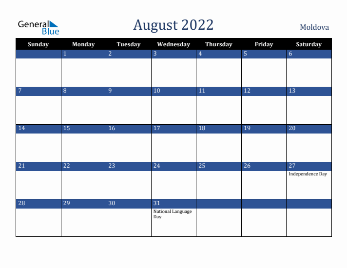 August 2022 Moldova Calendar (Sunday Start)