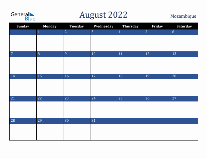 August 2022 Mozambique Calendar (Sunday Start)