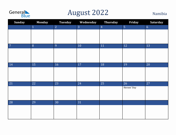 August 2022 Namibia Calendar (Sunday Start)