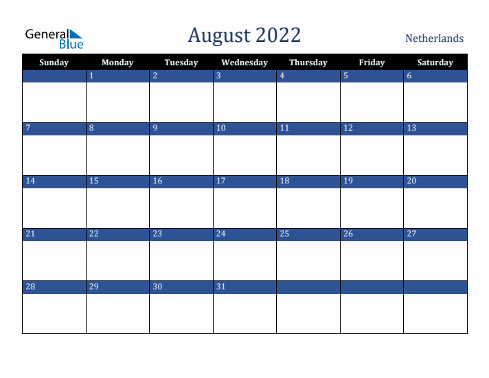 August 2022 The Netherlands Calendar (Sunday Start)