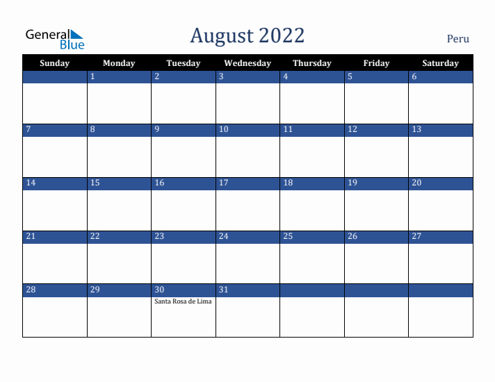 August 2022 Peru Calendar (Sunday Start)